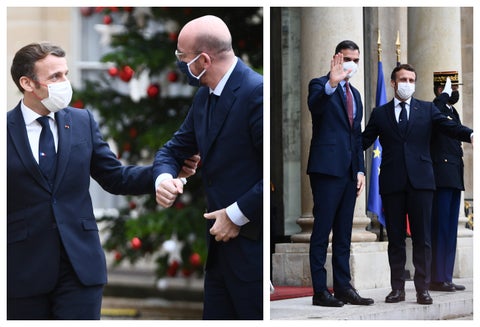Emmanuel Macron con Charles Michel y con Pedro Sánchez