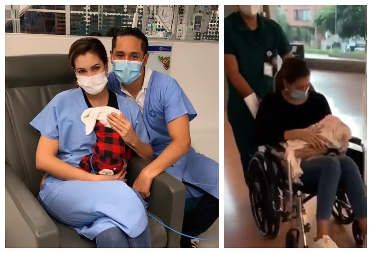 Nanis Ochoa y su bebé salen de la clínica
