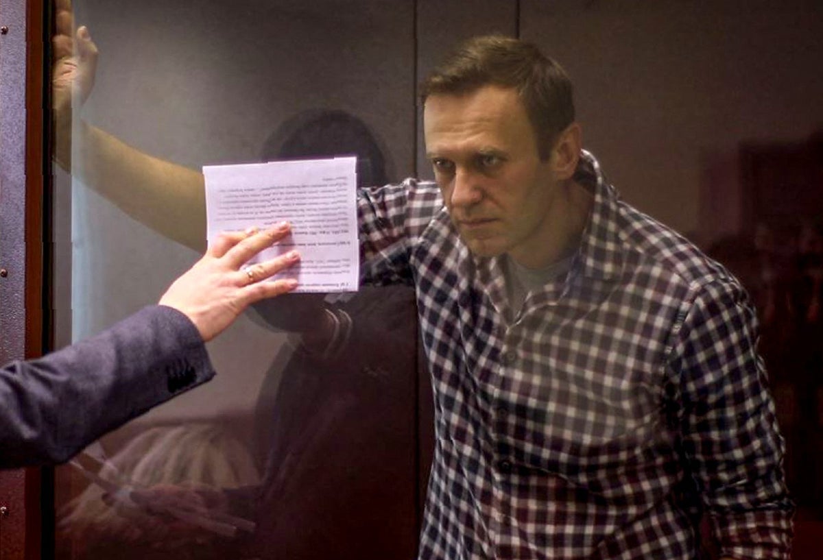 Alexei Navalni dentro de una celda de vidrio durante una audiencia judicial en Moscú.
