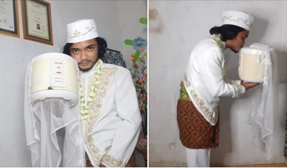 Hombre en Indonesia se casa con una olla arrocera
