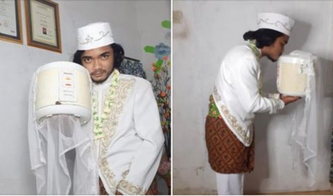 Hombre en Indonesia se casa con una olla arrocera