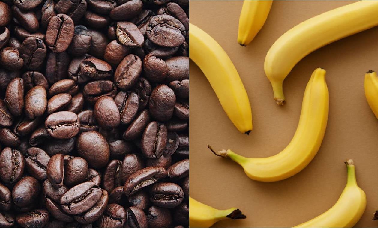 Granos de café y cáscara de plátano