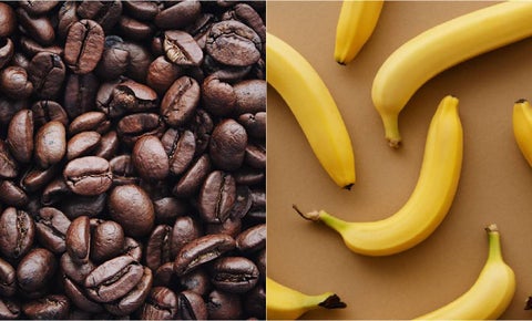 Granos de café y cáscara de plátano