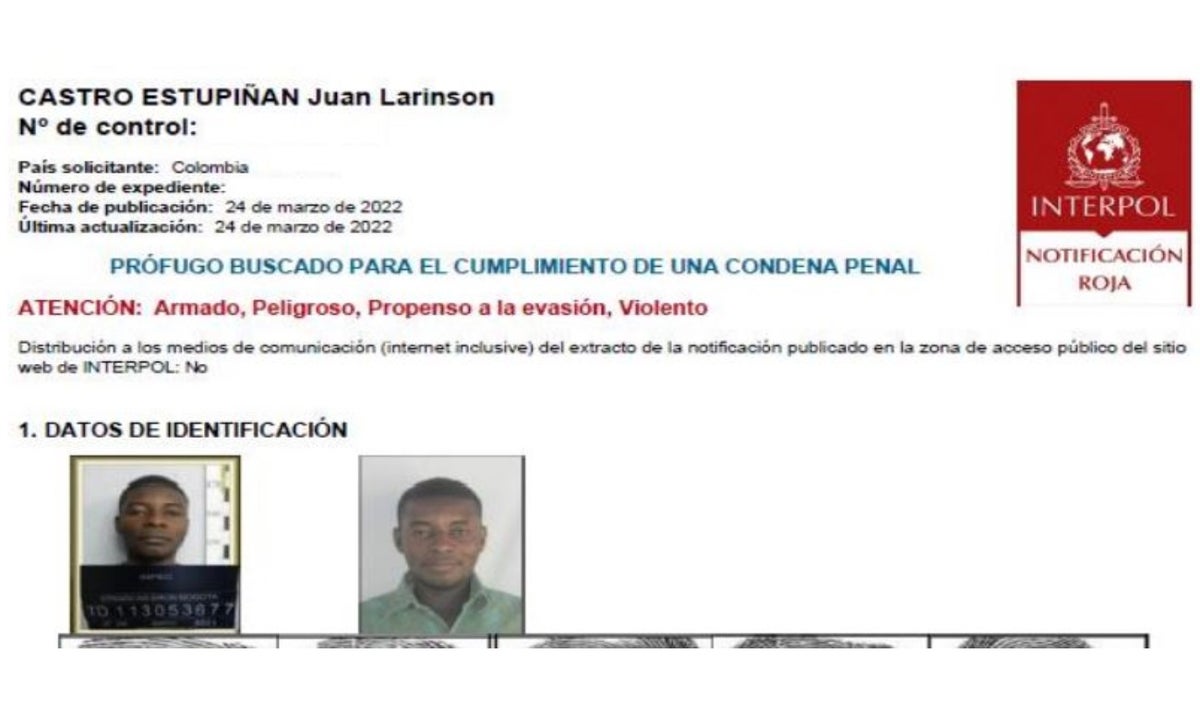 Circular roja contra Matamba, quien se fugó de la cárcel La Picota