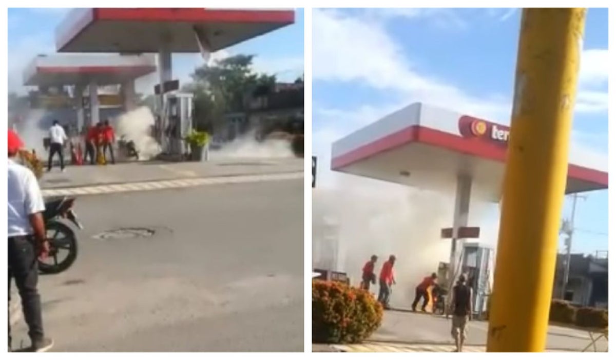 Moto se incendió en una estación de gasolina