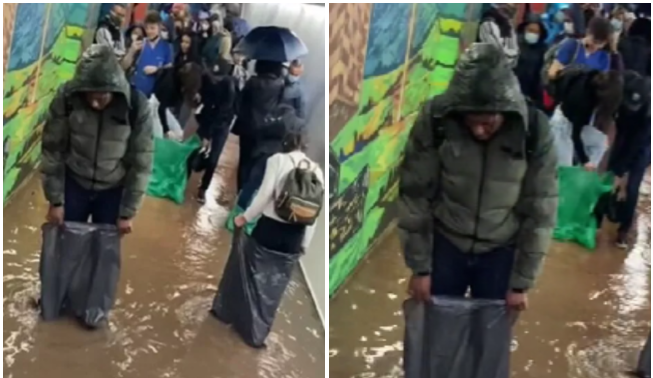 Estudiantes de la Javeriana pasan túnel con bolsas