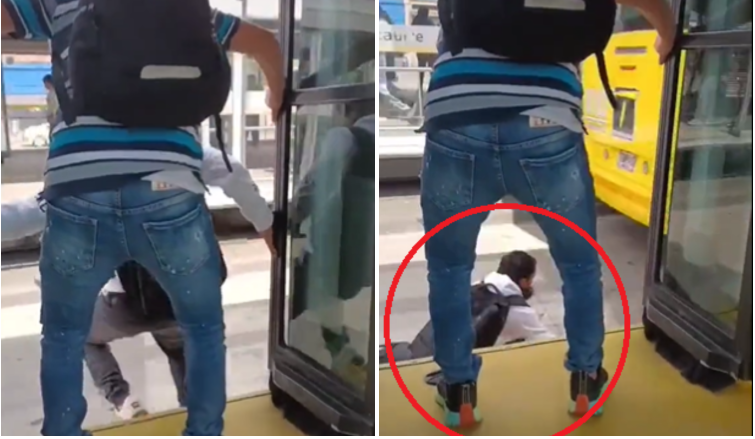 Hombre se baja de TransMilenio en movimiento