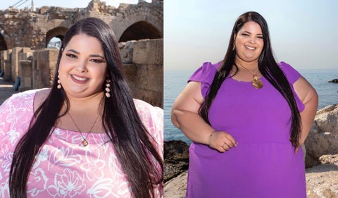 Mujer luce vestidos morados en distintos lugares