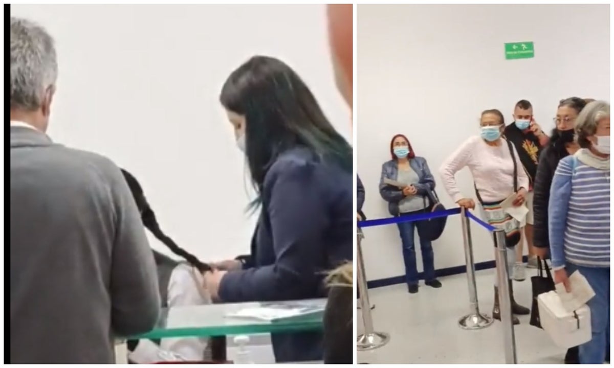 Trabajadoras de EPS se hacen trenzas mientras pacientes esperan en una larga y lenta fila