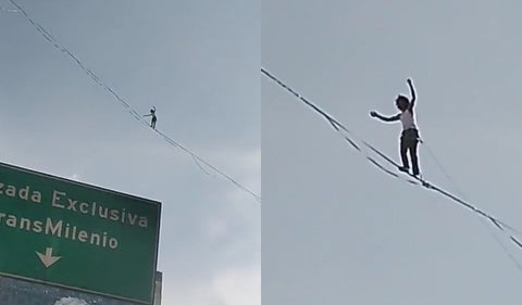 [Video] Mujer arriesgó su vida al cruzar dos edificios en Bogotá por una cuerda floja