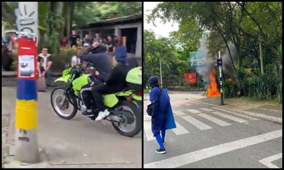 Encapuchados roban y queman moto de la Policía en la Universidad de Antioquia