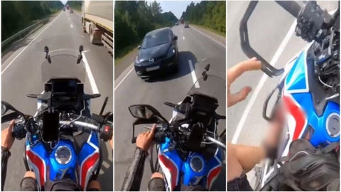 [Video] Motociclista imprudente por poco pierde el pie por adelantar un camión