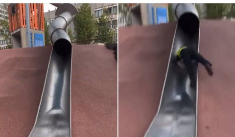 Sa hace viral policía que sale aparatosamente por un tobogán de parque infantil