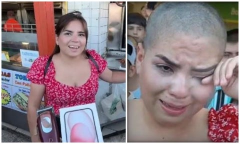 Mujer se rapó la cabeza para ganarse un iPhone 15, pero terminó llorando y sin celular