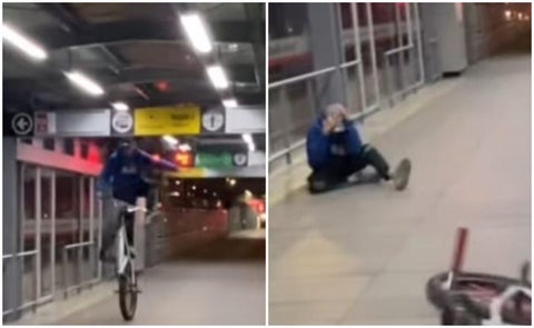 [Video] Ciclista se cae en estación de Transmilenio