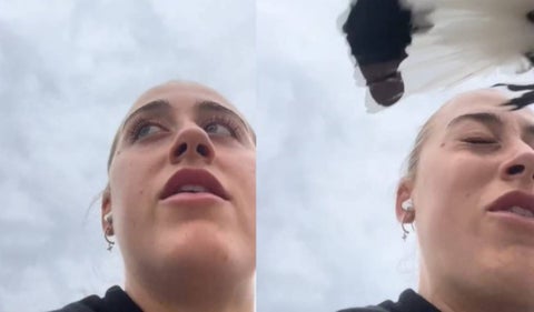Pájaro casi le quita el ojo a una influencer