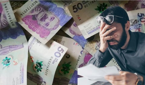 Billetes al fondo y persona preocupada