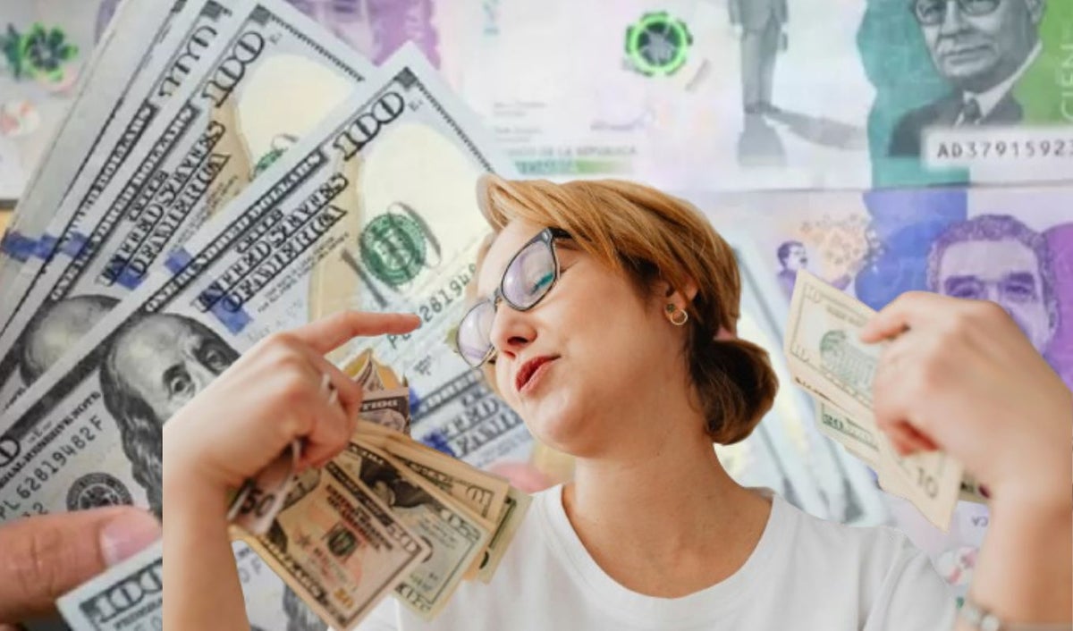 Dólares de fondo y una mujer con billetes