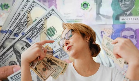 Dólares de fondo y una mujer con billetes