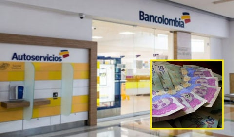 Fachada de Bancolombia y billetes