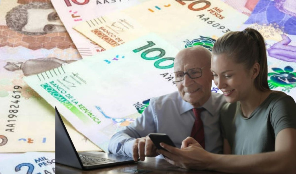 Billetes y un adulto mayor con una mujer sonriendo