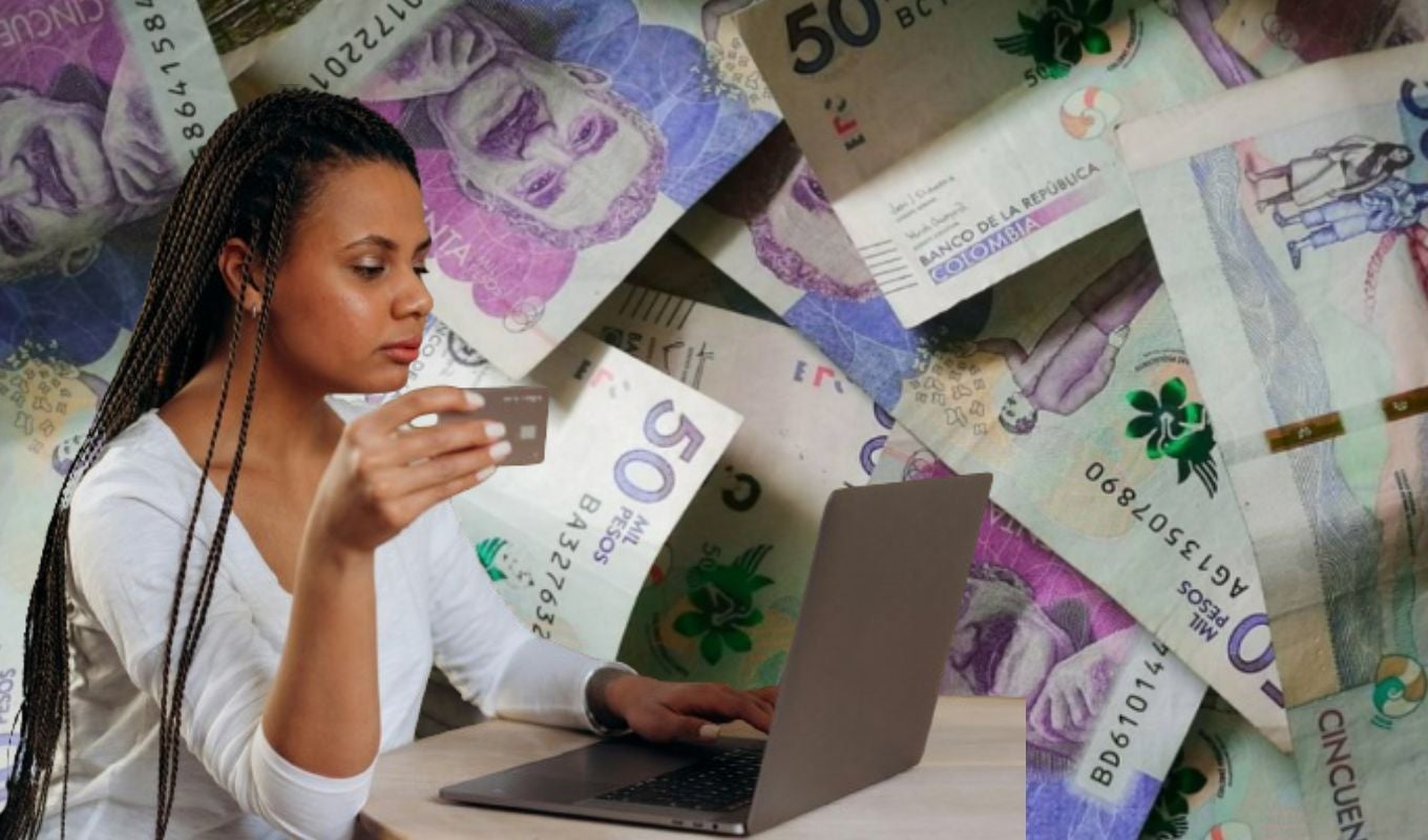 Dinero colombiano y una mujer con un computador y una tarjeta de crédito
