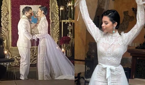 Christian Nodal y Ángela Aguilar se casaron: ¿Quién diseñó el vestido de novia?
