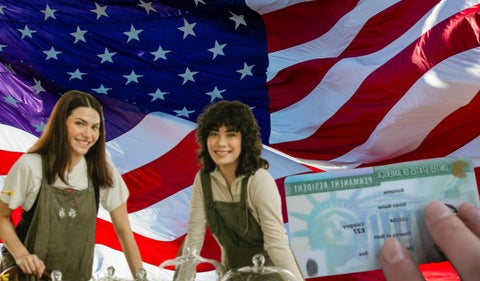 Bandera de Estados Unidos y dos meseras