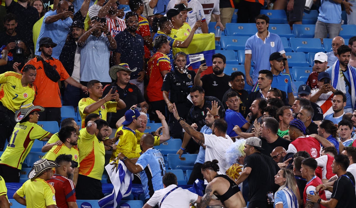 Pelea hinchas en partido Colombia vs Uruguay