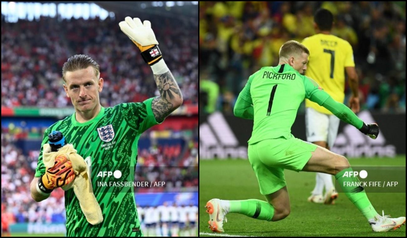 Jordan Pickford en la tanda de penales de la Eurocopa 2024 y en la tanda del Mundial de 2018