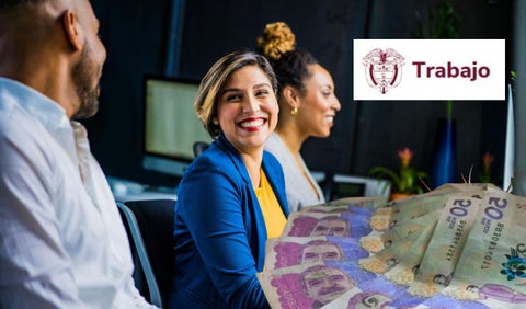 Persona feliz, billetes y el logo de MinTrabajo