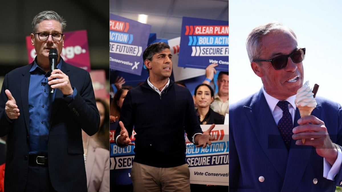 Keir Starmer, Rishi Sunak y Nigel Farage