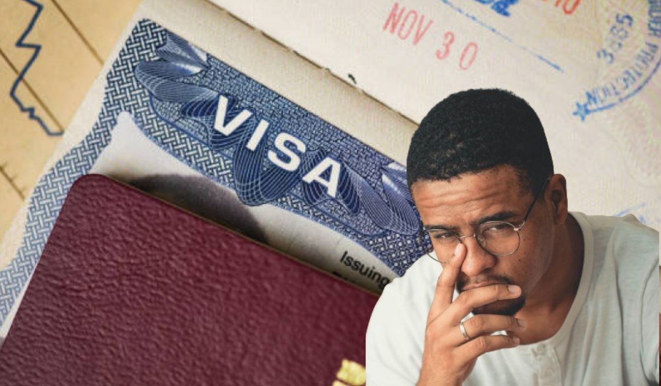 Visa americana y un hombre preocupado