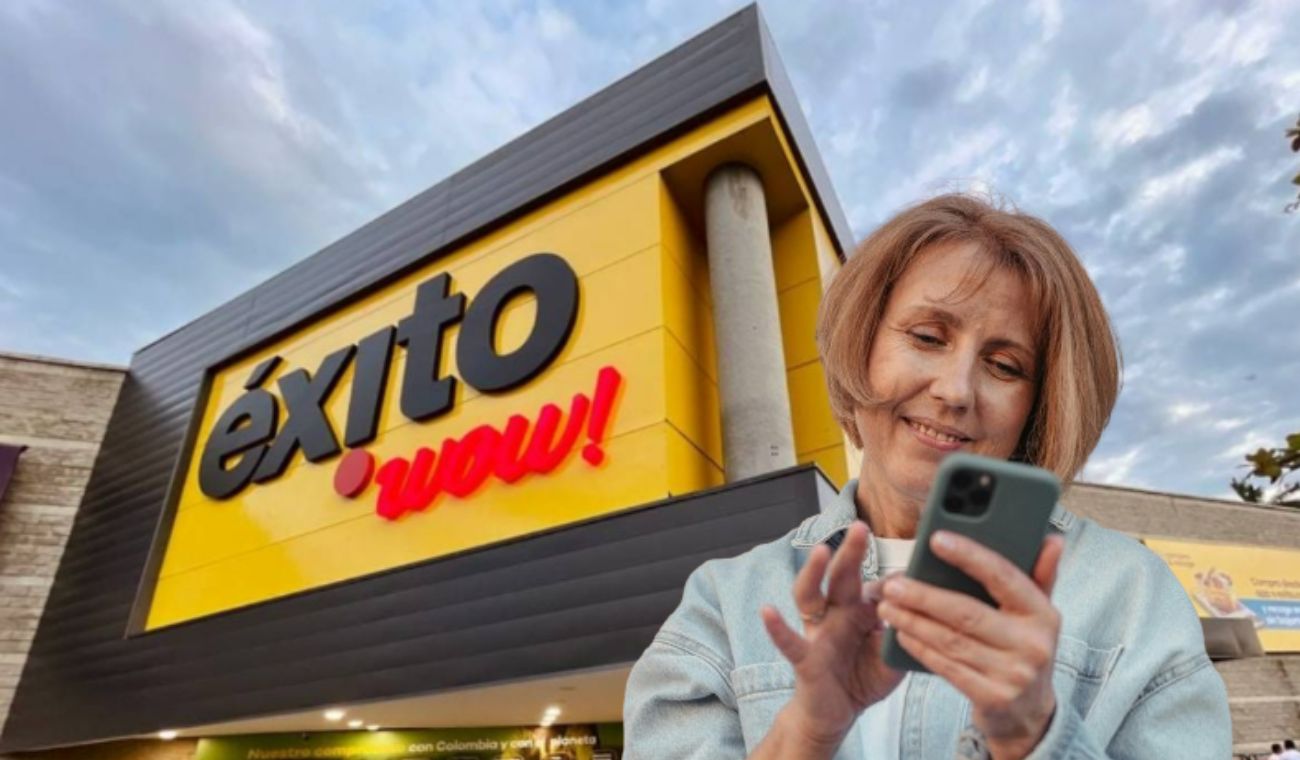 Almacenes Éxito y una mujer con un celular