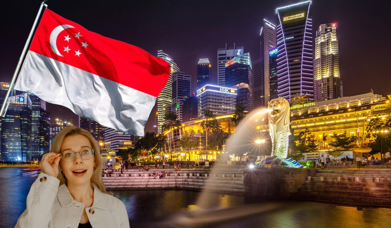 Ciudad de Singapur, bandera y persona sorprendida