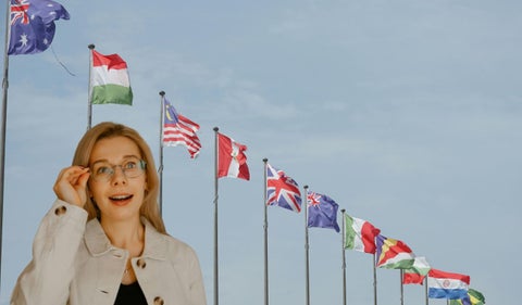 Banderas del mundo y mujer sorprendida