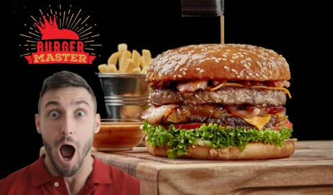 Hamburguesa, logo del burgermaster y un hombre sorprendido