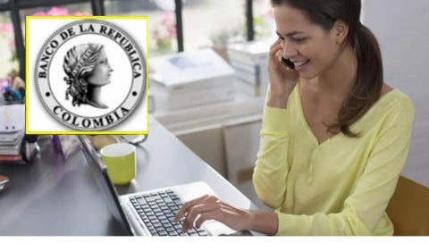 Mujer teletrabajando y el logo del Banco de la República