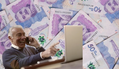 Billetes de fondo y un hombre celebrando