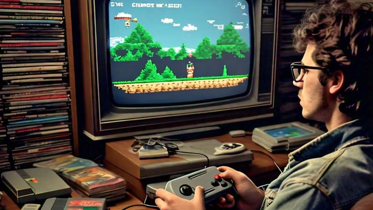 Hombre jugando videojuegos retro