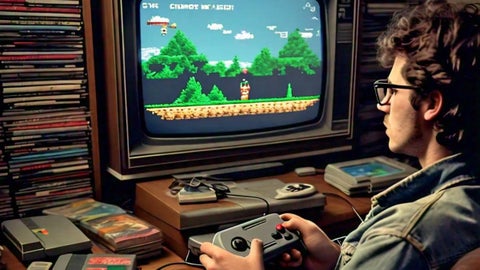 Hombre jugando videojuegos retro