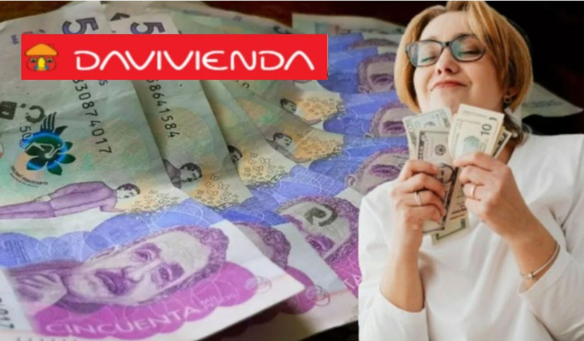 Billetes, mujer con dólares y logo de Davivienda