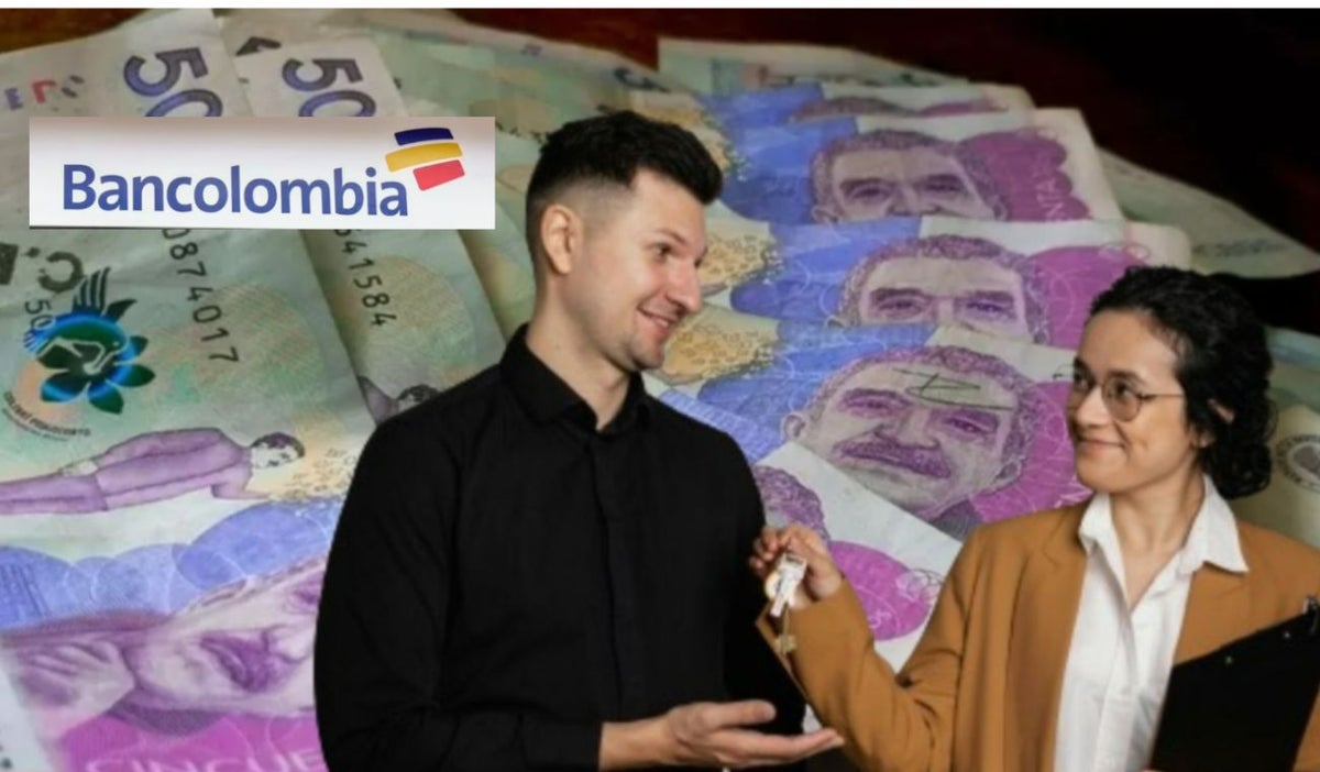 Billetes, dos personas con unas llaves y logo de Bancolombia