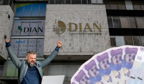 DIAN , billetes y un hombre celebrando