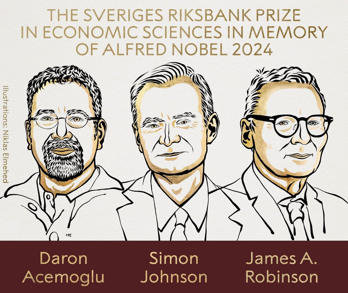 Daron Acemoglu, Simon Johnson, y James A. Robinson son los ganadores del premio Nobel de Economía 2024.