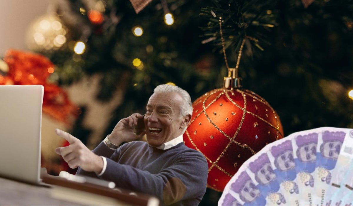 Fondo de Navidad, adulto mayor celebrando y billetes