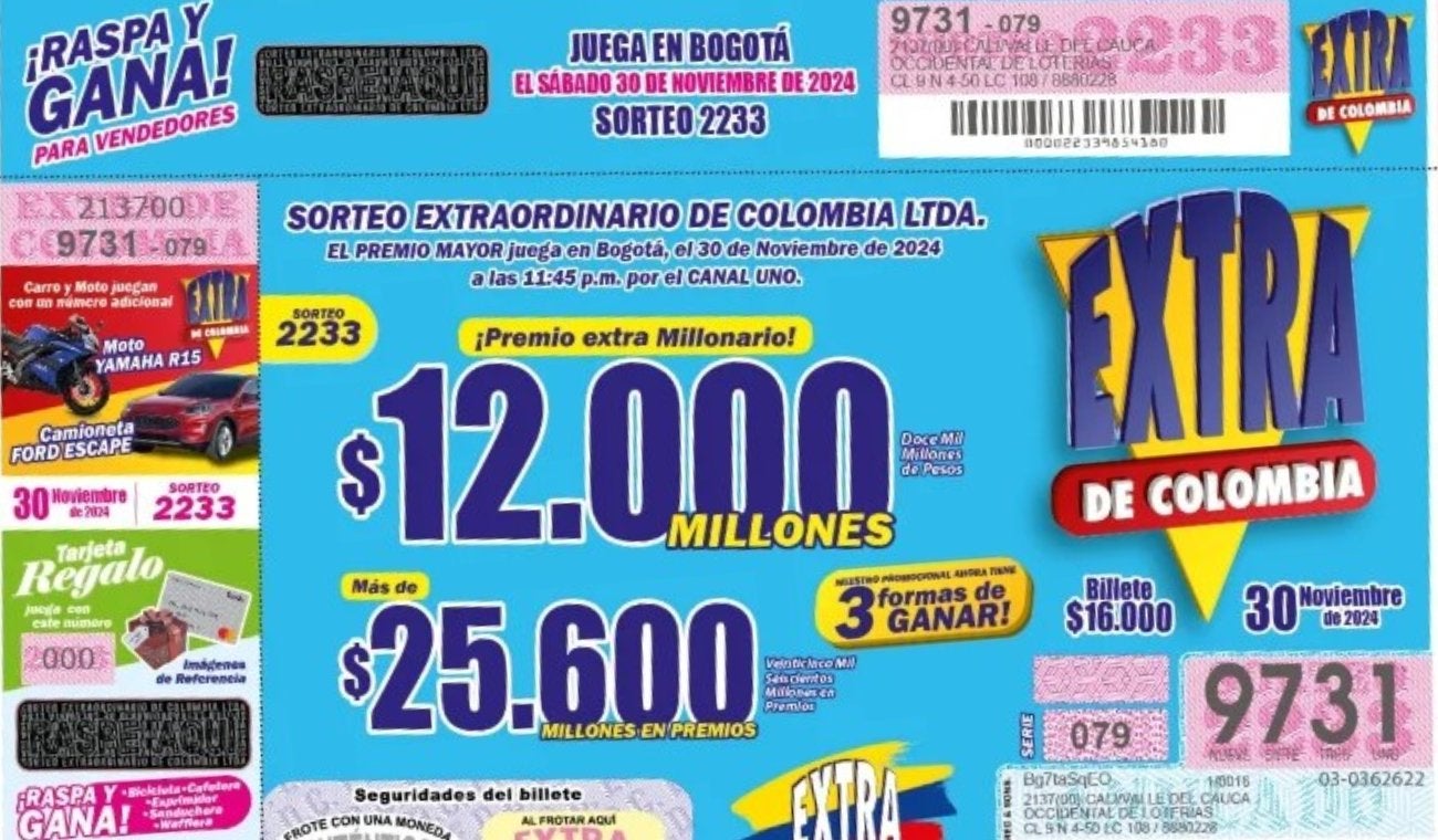 Sorteo Extraordinario de Colombia, 30 de noviembre de 2024