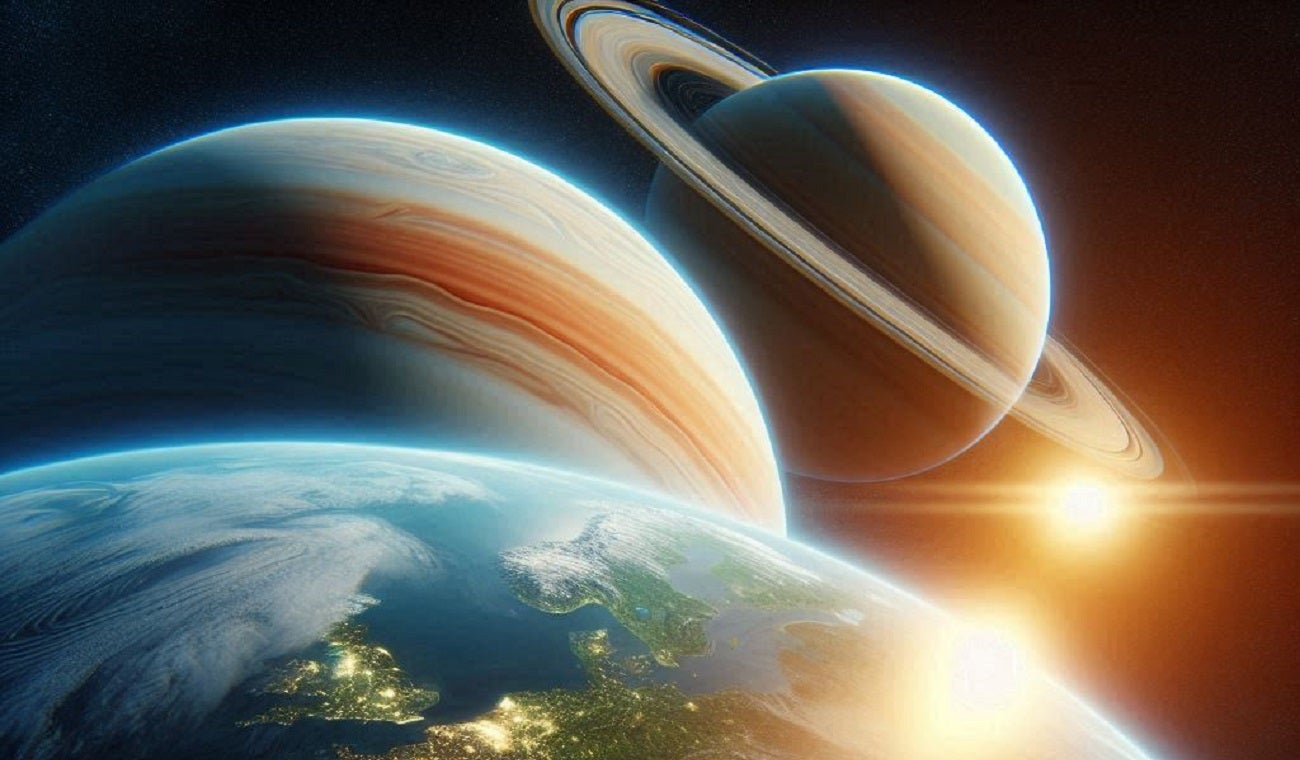 Imagen ilustrativa de una alineación de la Tierra con Saturno y Júpiter