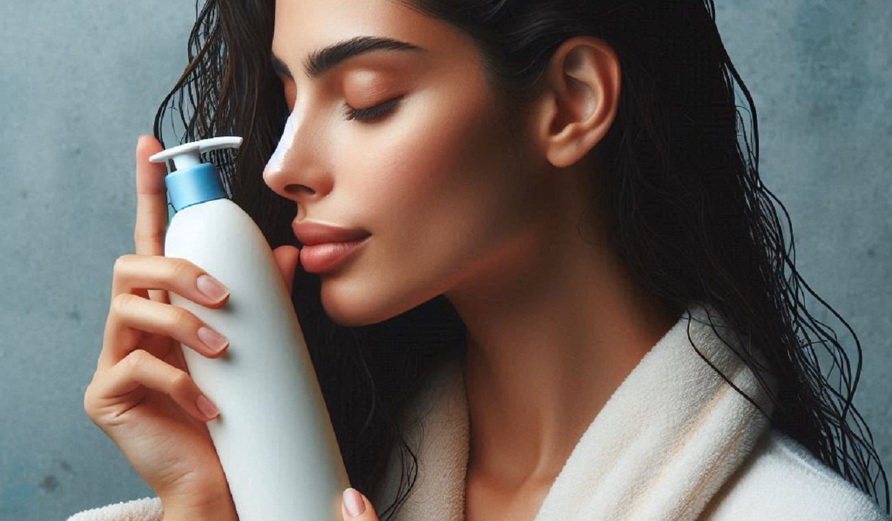 Mujer olfateando shampoo antes de una ducha