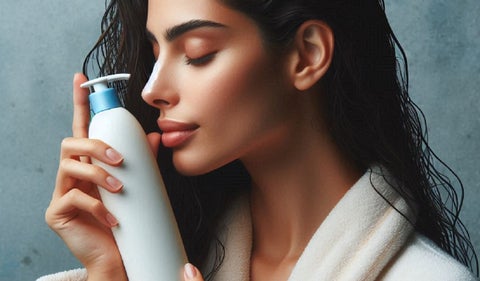 Mujer olfateando shampoo antes de una ducha